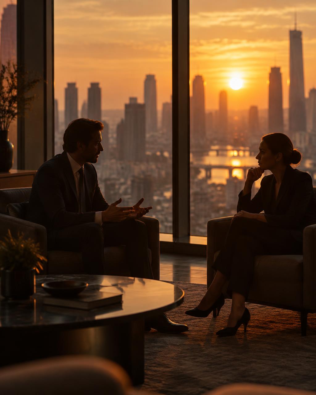 Two colleagues in conversation beside tall windows overlooking the city at sunset